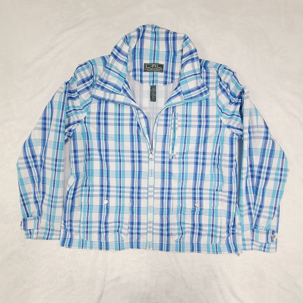 Lauren Ralph Lauren Active Jacket Large Blue Plaid Zip Front Lightweight Jacket